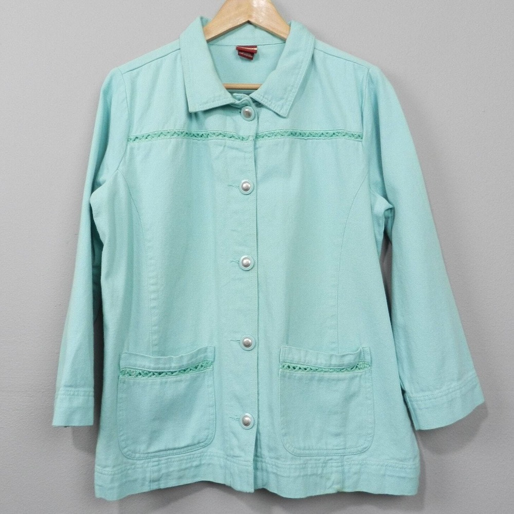 Vintage Tudor Court Robins Egg Aqua Blue Denim Jacket Size L Button Up Shacket